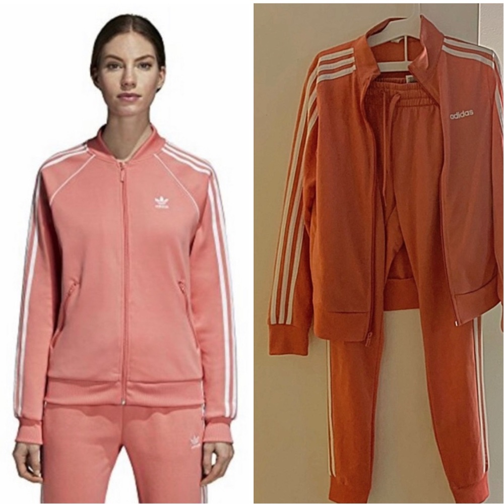 Xs adidas 2 piece track suit peachy/pink;coral color xs jacket; xs  pants